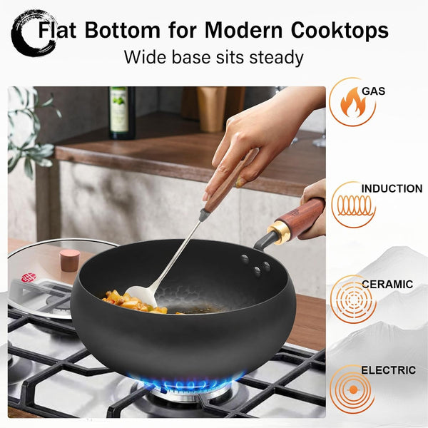 Carbon Steel Wok Pan Flat Bottom Iron Stir Fry Pan Induction Cookware 9.5 Inch Uncoated Small Traditional Skillet with Lid2