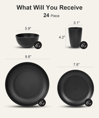 24 Piece Plates and Bowl Set for 6, Dinnerware Dish Set for Kitchen | Unbreakable, Dishwasher Microwave Safe, House Warming Gift New Home,Dorm Apartment Essential, Kitchen and Dining Decor, Black2