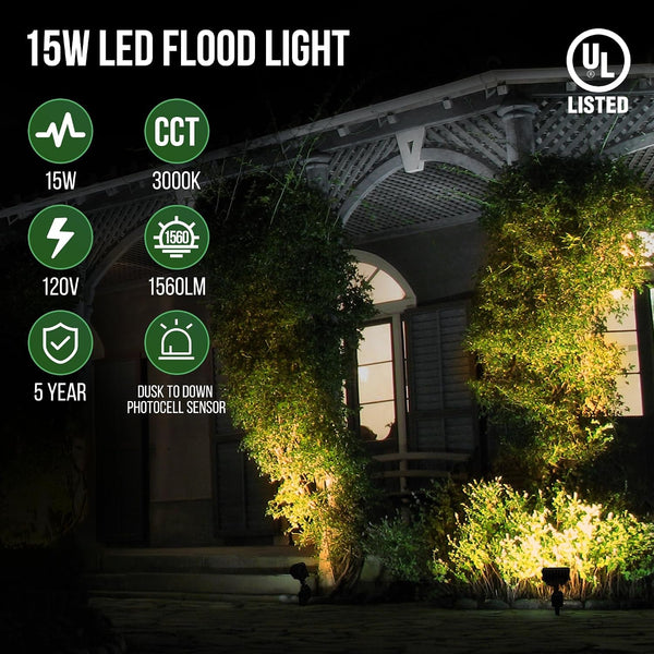 15W LED Flood Lights Outdoor, Dusk to Dawn Security Light, with Anti-Glare Guard, 120V 3000K 1560LM Waterproof Landscape Lighting, Aluminum Lighting Fixture, 1/2" Knuckle Mount, UL Listed5