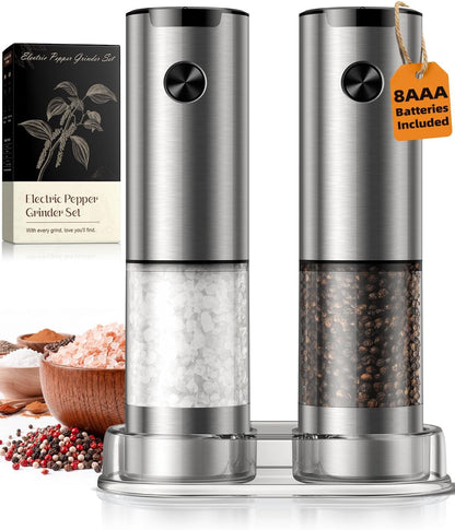 Electric Salt and Pepper Grinder Set, Battery Automatic Salt and Pepper Shaker with Adjustable Coarseness, Large Capacity Pepper Mill with LED Kitchen Appliances(Battery-Stainless Steel)1
