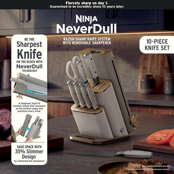 Ninja® Neverdull® 10-Pc German Steel Knife Set, Stone Gold, NK32010SD1 | Stays Razor-Sharp 10+ Years. Premium German Steel. Removable Sharpener Stores in a Drawer Saving up to 35% More Counter Space11