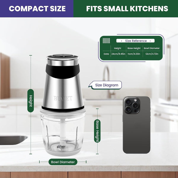 500W Mini Chopper 2.5-Cup Glass Bowl Steel Blades | Stainless Steel Blade and BPA Free Great for Small-Batch Chopper for Meat, Veggies & Baby Food. Compact & Easy-Clean.2