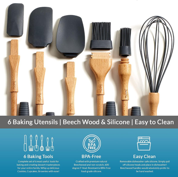 Portofino Baking Utensils Set 6 Pieces, Baking Essentials, Set of 3 Spatulas, 2 Pastry Brushes, 1 Whisk, Baking Tools, Spatulas Silicone Heat Resistant, Silicone Cooking Utensils, Kitchen Gifts, Grey3