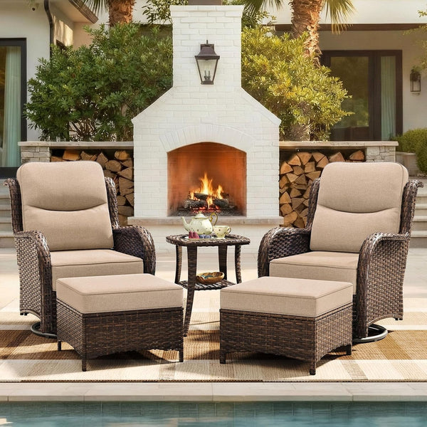 5-Piece Luxury Patio Furniture Set with 6" Thick Cushions, Weather-Resistant Wicker High Back Swivel Rocker Chairs, Senior-Friendly Conversation Set for Small Porch, Deck and Sunroom, Beige(V2)1