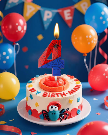 Number 4 Spider Themed Birthday Candle, 2.68 Inch Red Blue Spider Birthday Candles, Number Candles Birthday Cake Toppers Web Candles for Boy Girl Spider Party Decoration Supplies Halloween Party4