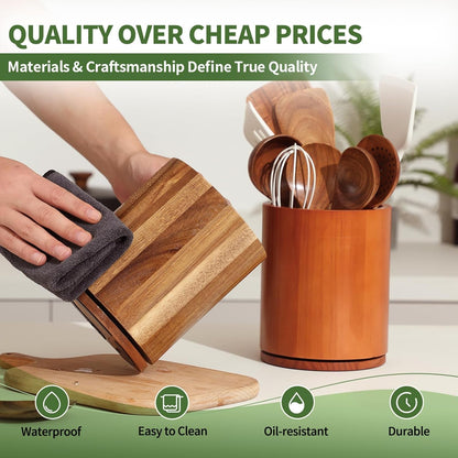 Acacia Wood Utensil Holder, 360° Rotating 7.3 in Kitchen Organizer | Rustic Farmhouse Countertop Decor. Rotating Base for Easy Access to Spatulas, Spoons, and Cooking Utensils. 7.3-Inch Capacity4