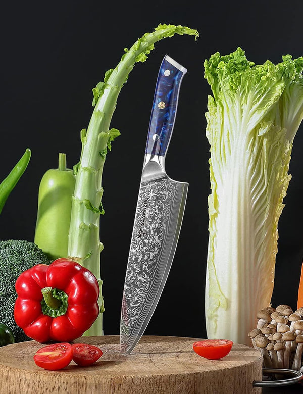 Chef Knife - 8 Inch - Xuan Series - VG10 Damascus Steel Kitchen Knife - Resin Handle (Sapphire Blue)4