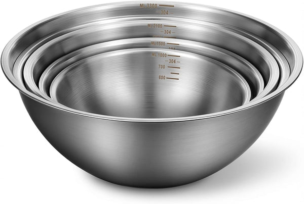 5 Pack Stainless Steel Mixing Bowls with Marks, Heavy Duty Nesting Bowls Set, Food Grade 304, Dishwasher Safe & Stackable for Cooking, Baking, Prepping (1, 1-1/2, 2, 2-1/2, 3-1/2 QT)​​1