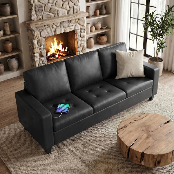 73” Black Faux Leather Sofa, 3 Seater Couch for Office, Living Room1