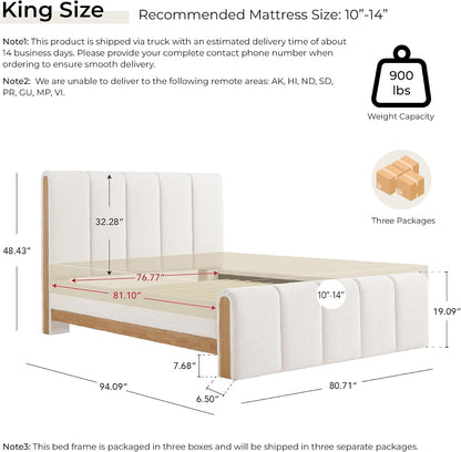 CHITA King Size Chenille Upholstered Platform Bed with Headboard, Cream2