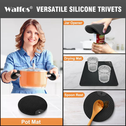 Silicone Trivet Mats - 4 Heat Resistant Pot Holders, Multipurpose Non-Slip Hot Pads for Kitchen Potholders, Hot Dishers, Jar Opener, Spoon Holder, Food Grade Silicone & BPA Free (Black)3