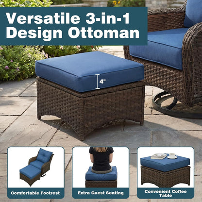 Luxury Patio Conversation Set, 5-Piece Ergonomic High Back Wicker Swivel Chair Set with 6-Inch Deep Seating Cushions, Large Patio Furniture Set for Garden, Deck & Balcony, Navy Blue9