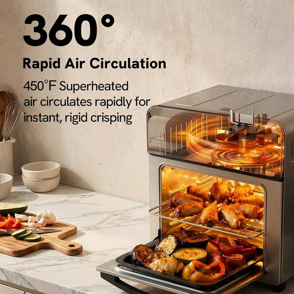 6-In-1 Air Fryer Toaster Oven Combo, Compact 12.7 QT Small Countertop Convection Oven, Fits 9" Pizza & 4 Toast, Hexagon Hybrid Heating, Enamel Baking Pan Included, Stainless Steel Finish7