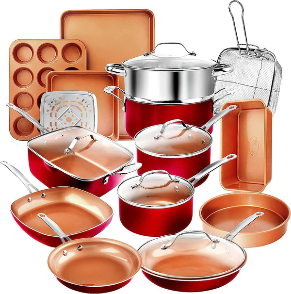 20 Pc Pots and Pans Set Nonstick Cookware + Bakeware Set, Complete Ceramic for Kitchen, Non Stick with Lids, Dishwasher / Oven Safe, Toxic - Red1