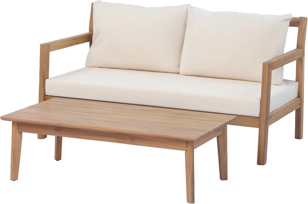 Pablo 4-Seater Patio Furniture Set with Removable Cushion, 4 Piece Outdoor Acacia Wood Conversation Set, Wooden Outdoor Sectional Sofa Set with Coffee Table,Light Teak+Beige7