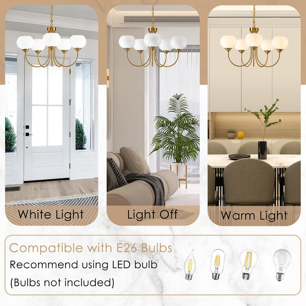 Modern Globe Chandelier 5 Light Mid Century White Milk Glass Vintage Sputnik Hanging Chandeliers Gold Pendant Light Fixtures for Dining Room Kitchen Living Room Bedroom4