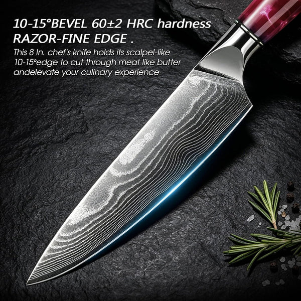 Damascus High Carbon Chefs Knife Ergonomic Handle(8In,Red Resin)5