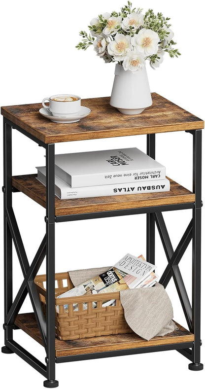 Side Table, End Table with 3 Tiers Open Shelves, Bedside Table for Sofa Couch, Nightstand, Living Room, Bedroom, Rustic Brown1