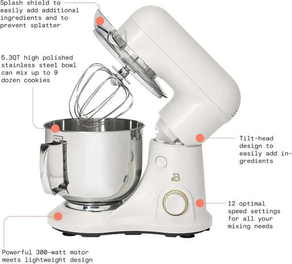 Beautiful 5.3 Qt Stand Mixer, White Icing with Flat Beater, Dough Hook, Balloon Whisk4