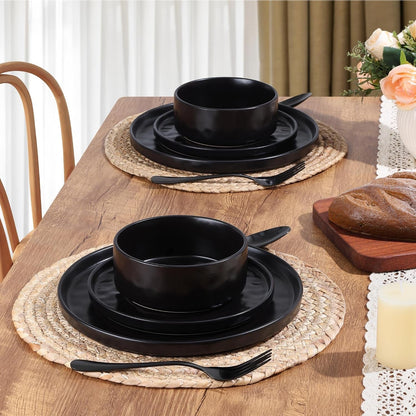 12 Pieces Stoneware Dinnerware Set for 4, Obsidian Matte Black6