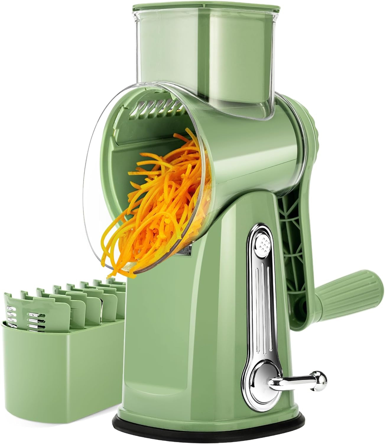 rotary-cheese-grater-5-blades-kitchen-mandoline-vegetable-slicer-easy-to-clean-strong-suction-base-blades-storage-box-round-mandoline-slicer-food-chopper-for-vegetable-salad-nut-retro-green