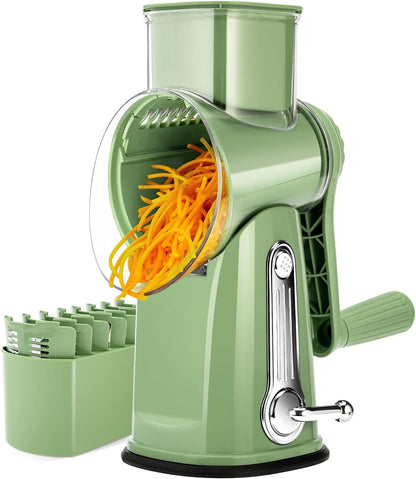 Rotary Cheese Grater 5 Blades,Kitchen Mandoline Vegetable Slicer | Easy to Clean,Strong Suction Base,Blades Storage Box,Round Mandoline Slicer&Food Chopper for Vegetable,Salad,Nut,Retro Green1