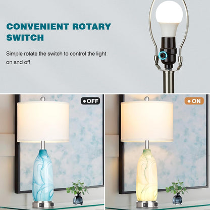 26" Coastal Table Lamps Set of 2, Modern Table Lamps with USB A+C Ports & AC Outlet, Touch Control Glass Bedside Nightstand Lamp with Night Light for Living Room Bedroom End Table Blue(Bulbs Included)8