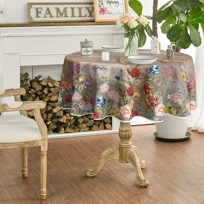 Spring Tablecloth 90 X 90 Inch round Flowers Brown Wood Grain5