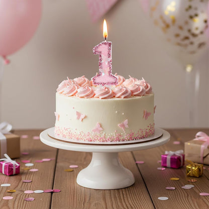 Pink Butterfly Number 1 Birthday Candle, Glitter Sequins Candle Cake Topper, Cupcake Decorations for Anniversary Celebrations Party Supplies7