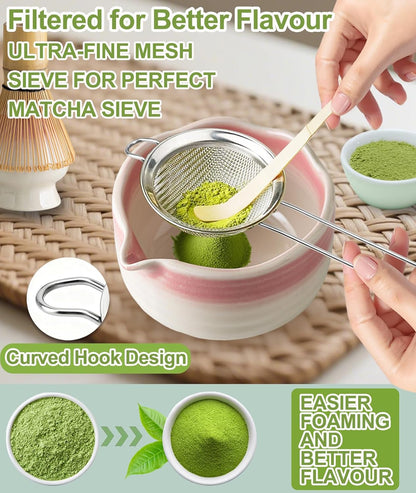 Matcha Whisk Set, 7PCS Matcha Set with Bamboo Whisk and Ceramic Bowl | Complete Matcha Kit Includes 17Oz Bowl, Handmade Whisk 100 Prongs, Holder, Spoon, Sifter for Matcha Lovers, Gradient Pink3