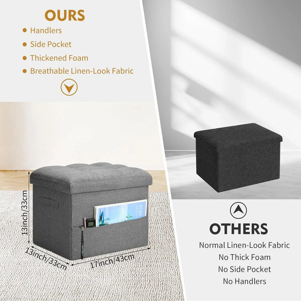 Storage Ottoman with Extra Thick Foam Padded Seat, Foldable Foot Rest Stool with Linen Fabric, 43L Ottoman with Storage Bench for Bedroom Living Room, Holds up to 300Lbs, 17X13X13In, Dark Gray3