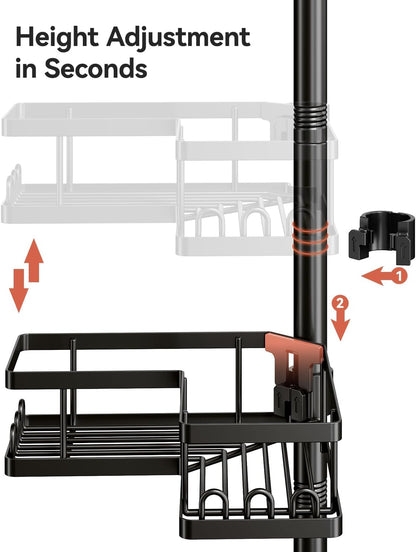Corner Shower Caddy Tension Pole, 25.7-109.1In Adjustable Shower Shelves, Rust-Resistant Shower Organizer, No-Drill 3-Step Installation, Bathroom Shelves for Renters & Family, Black4