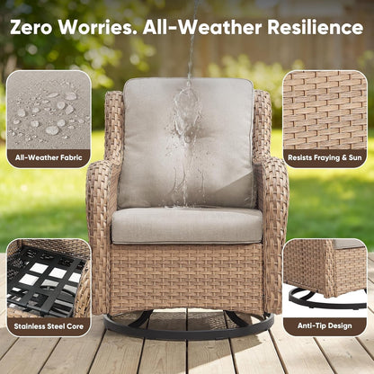 6 Piece Wicker Patio Furniture Set, Outdoor Swivel Rocker Chairs Set of 2 with Ottomans and 3 Seater Sofa, All Weather Patio Conversation Furniture Set, for Pool,Yard Yellow Wicker/Beige7