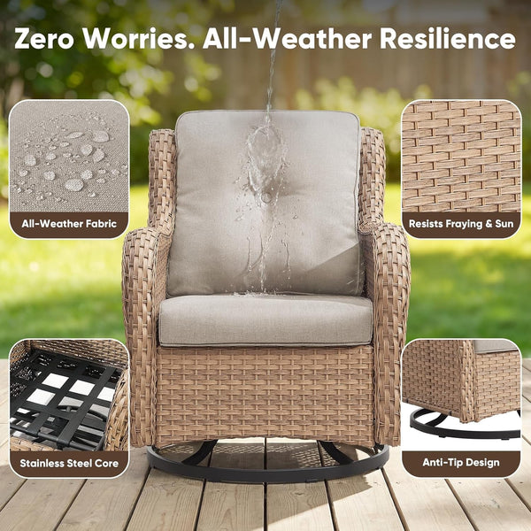 6 Piece Wicker Patio Furniture Set, Outdoor Swivel Rocker Chairs Set of 2 with Ottomans and 3 Seater Sofa, All Weather Patio Conversation Furniture Set, for Pool,Yard Yellow Wicker/Beige7