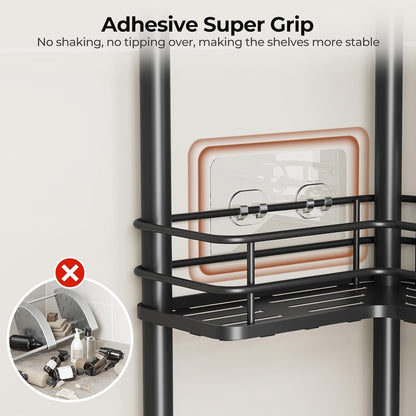 Rustproof 4 Tier Floor Standing Corner Shower Caddy Organizer with Toothbrush Holder, Large Spacing Floor Shower Shelf Rack Storage Stands with Hooks for Bathroom Kitchen, Black5