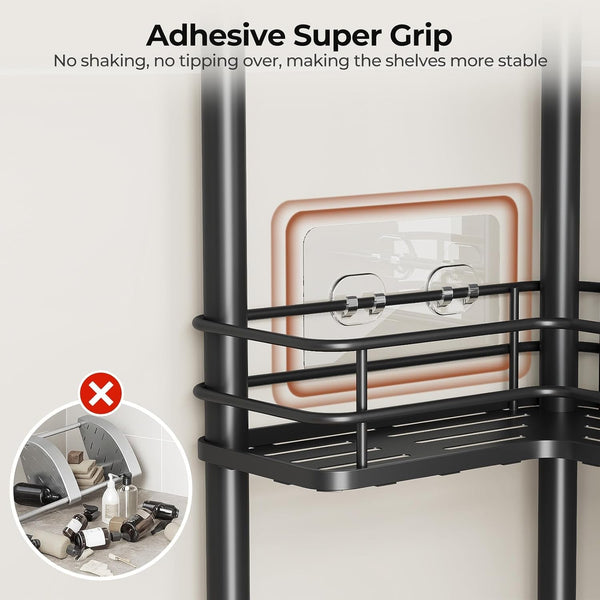 Rustproof 4 Tier Floor Standing Corner Shower Caddy Organizer with Toothbrush Holder, Large Spacing Floor Shower Shelf Rack Storage Stands with Hooks for Bathroom Kitchen, Black5