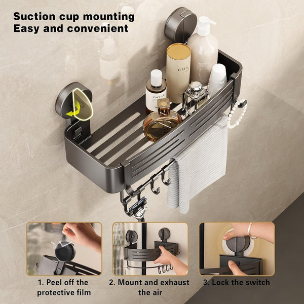 Shower Caddy Suction Shower Shelf No Drilling Shower Organizer Suction Cup Shower Storage Rack Aluminum Wall Mounted Shampoo Holder with Towel Bar Hooks (2-Pack, Matte Gray)5