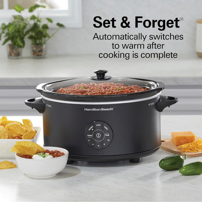 7 Quart Set & Forget Portable Programmable Slow Cooker | 15 Cooking Options with 5 Time and 3 Heat Functions | Lid Latch | Dishwasher Safe Stoneware Crock & Glass Lid | Black | 336706
