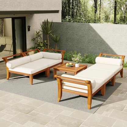6 Pieces Patio Furniture Set, Outdoor L-Shaped Sectional Sofa Set with Coffee Table, Acacia Wood Conversation Seating & Cushions and Lumbar Pillows, for Garden, Poolside and Backyard, Teak+Beige3