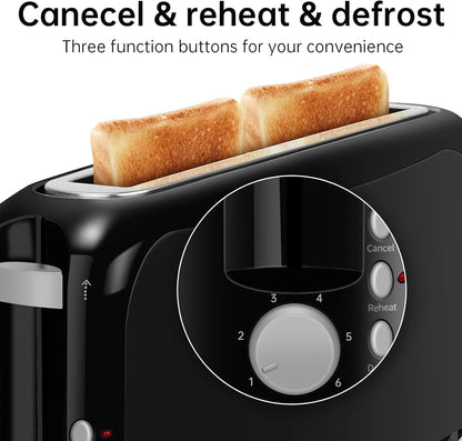 2 Slice Slim Toaster, 10" Long Slot, 6 Shade Settings, Black | Long Slot, 6 Shade Settings, Cancel/Reheat/Defrost, Removable Crumb Tray6