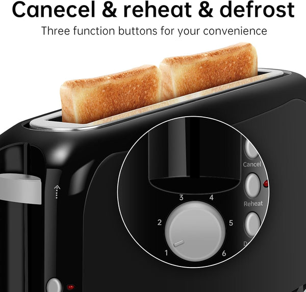 2 Slice Slim Toaster, 10" Long Slot, 6 Shade Settings, Black | Long Slot, 6 Shade Settings, Cancel/Reheat/Defrost, Removable Crumb Tray6