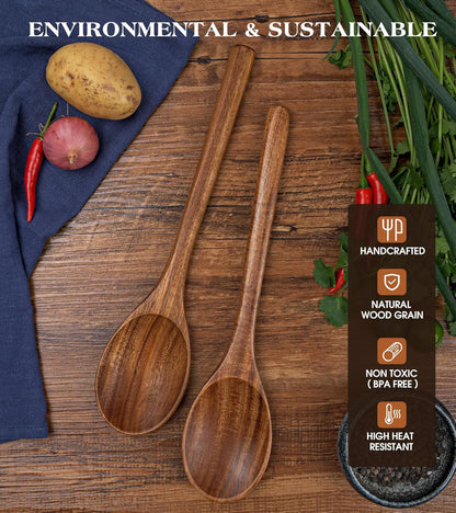 2PCS Wooden Spoons for Cooking, Natural Acacia Wood Cooking Spoons, Large Serving Spoons for Nonstick Cookware, Heat Resistant Durable Wooden Kitchen Utensils for Mixing Salad, Serving and Stirring5