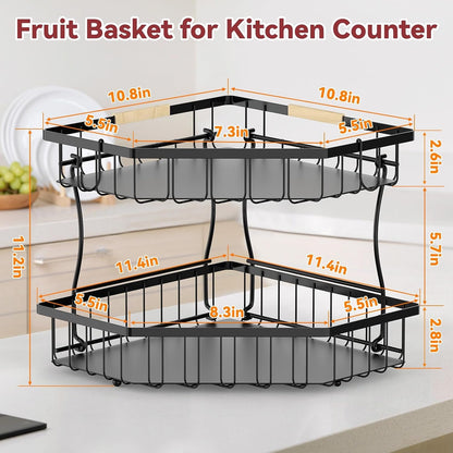 2 Tier Fruit Basket for Kitchen Counter with 2 Banana Hangers for Corner | Detachable Metal Fruit Bowl with Wooden Handle, Large Capacity Fruit Stand for Bread Fruit and Vegetable Storage, Black8