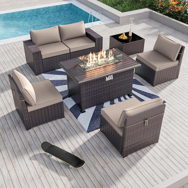 7 Piece Outdoor Wicker Patio Furniture Set with Fire Pit Table1