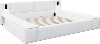 Bouclé Upholstered Platform Bed with Headboard, Hidden Storage,White5