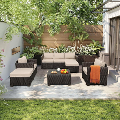 6 Pieces Patio Outdoor Furniture Outdoor Conversation Sets Wicker Sofa Set with Outdoor Couch Patio Chairs Storage Coffee Table Khaki Cushions Waterproof Covers2