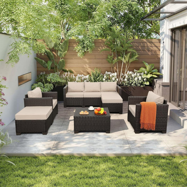 6 Pieces Patio Outdoor Furniture Outdoor Conversation Sets Wicker Sofa Set with Outdoor Couch Patio Chairs Storage Coffee Table Khaki Cushions Waterproof Covers2