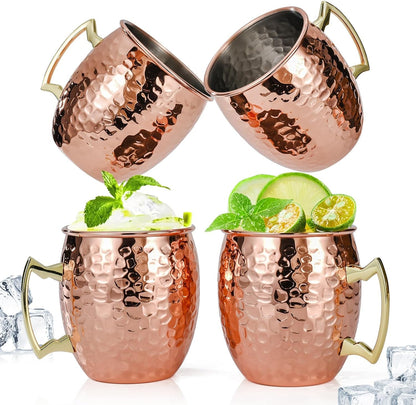 4 Pcs 16Oz Moscow Mule Mugs Hammered with Angled Handle, Copper | 304 Stainless Steel Lining, Delicate Hammered Finish, Firm Handle, for Cold Drinks, Cocktails, Wine, Beer, Bars & Parties1