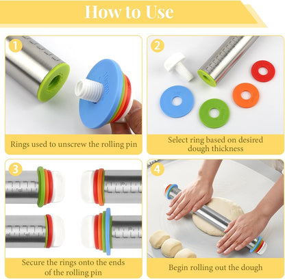 Adjustable Rolling Pin with 4 Thickness Rings for Baking, Cake Pop Roller | 17 Inch, Stainless Steel, with Measurement Markings, for Pizza/ Fondant/ Pie/ Cookies/ Baking Supplies / Pastry/ Pasta4