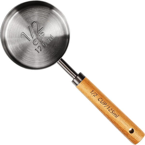 Measuring Cup with Wooden Handle, 1/2 Cup Titanium-Plating 125 Ml Stainless Steel, Space Gray1
